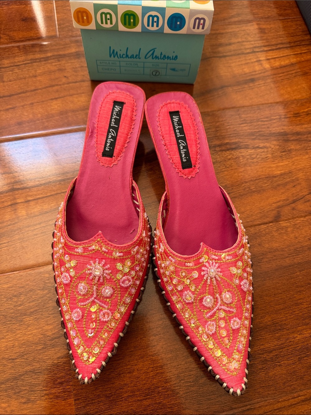 Michael Antonio Hot Pink Embroidered Pointed Slip-On Mules
